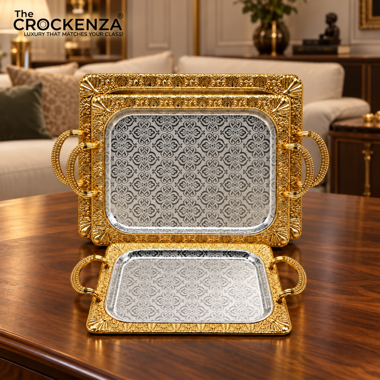 Luxury Silver Metal Serving Tray Set with Handles (3 Pcs) | Decorative Mirror Finish Trays G-06