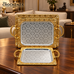 Luxury Silver Metal Serving Tray Set with Handles (3 Pcs) | Decorative Mirror Finish Trays G-06