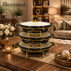 Elegant Imported Oval Porcelain Serveware – Black Marble with Handles & Matching Lid (Three Sizes)