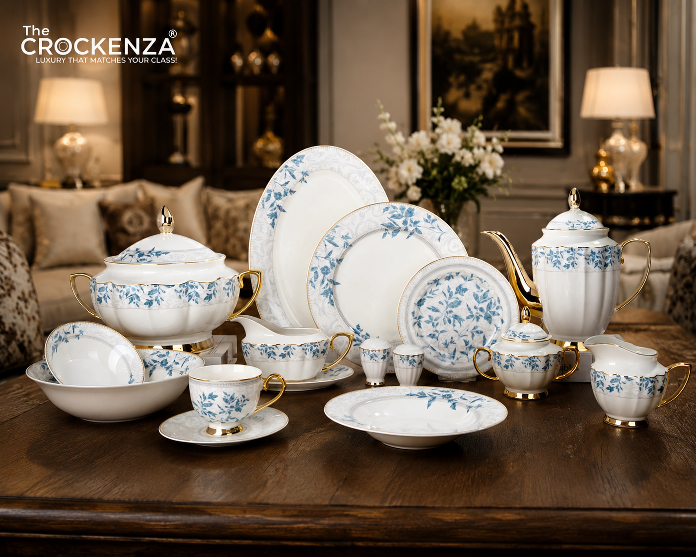Johnson Bros Inspired Royal Floral Bone China Luxury Dinner Set | 65 & 89 Piece Gold-Gilded Collection