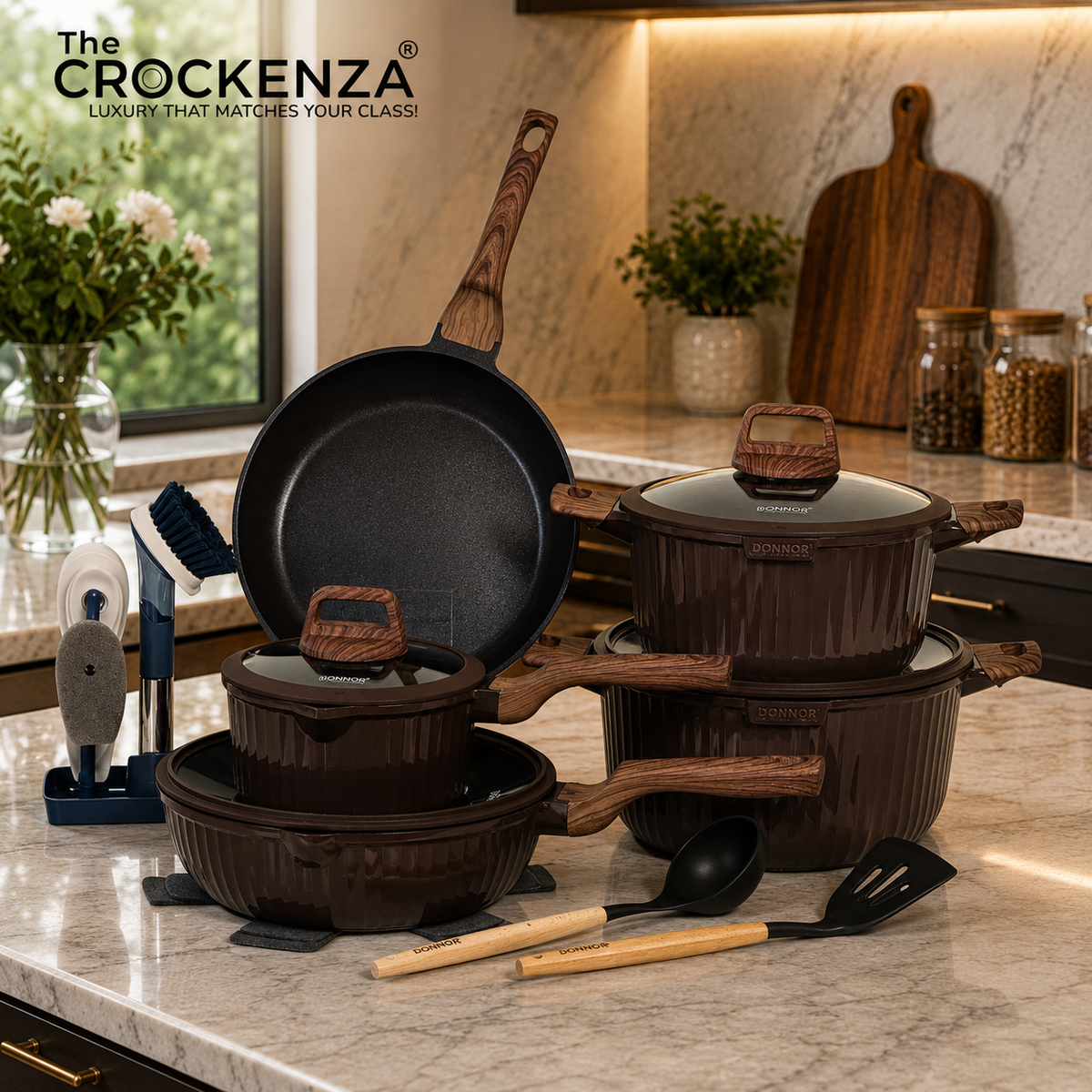 DONNOR AURA 20-Piece Granite Coated Never-Stick Cookware Set – Premium Pots, Pans & Kitchen Essentials