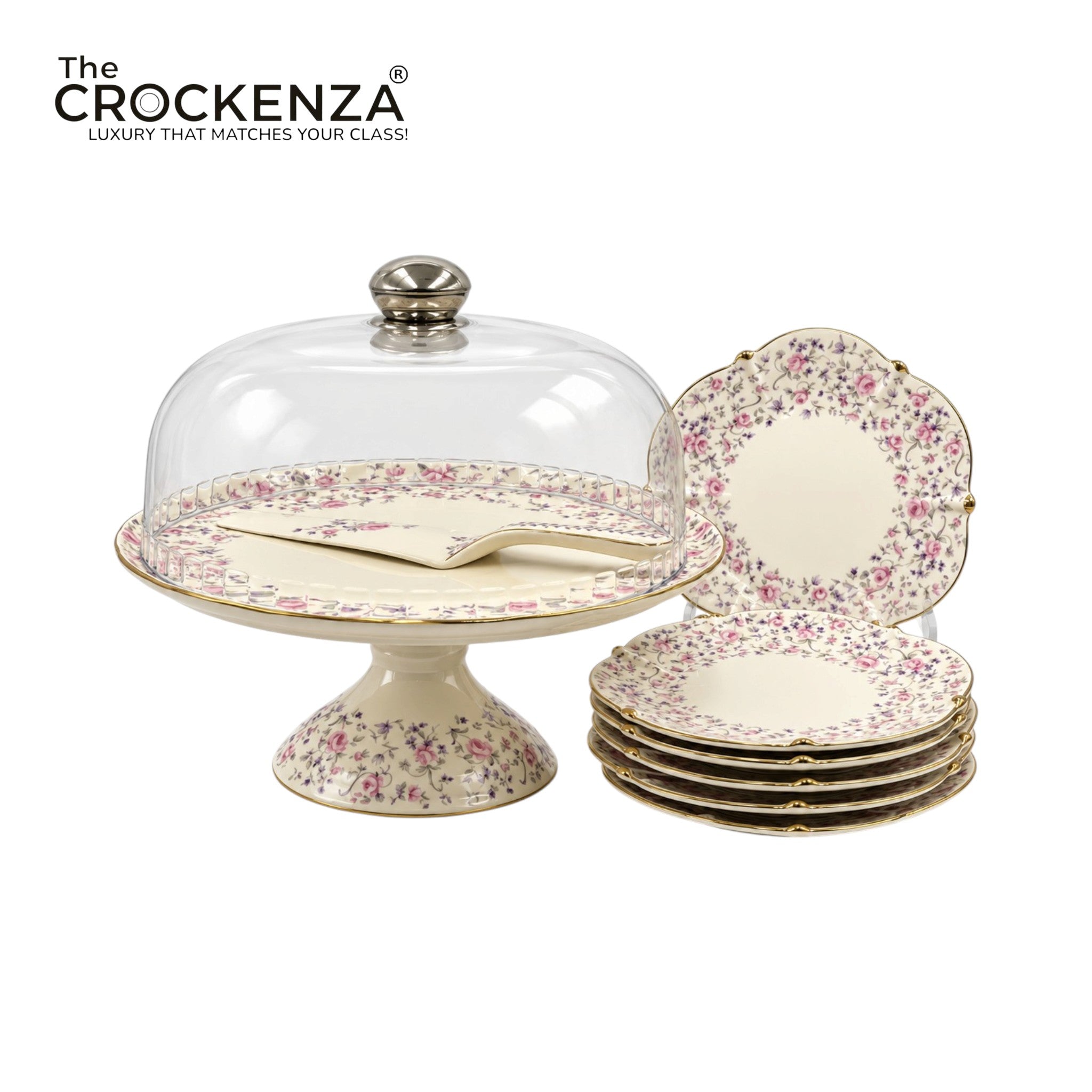 Royal Albert–Inspired 9-Pcs Bone China Cake Set | Floral Elegance with Acrylic Dome lid
