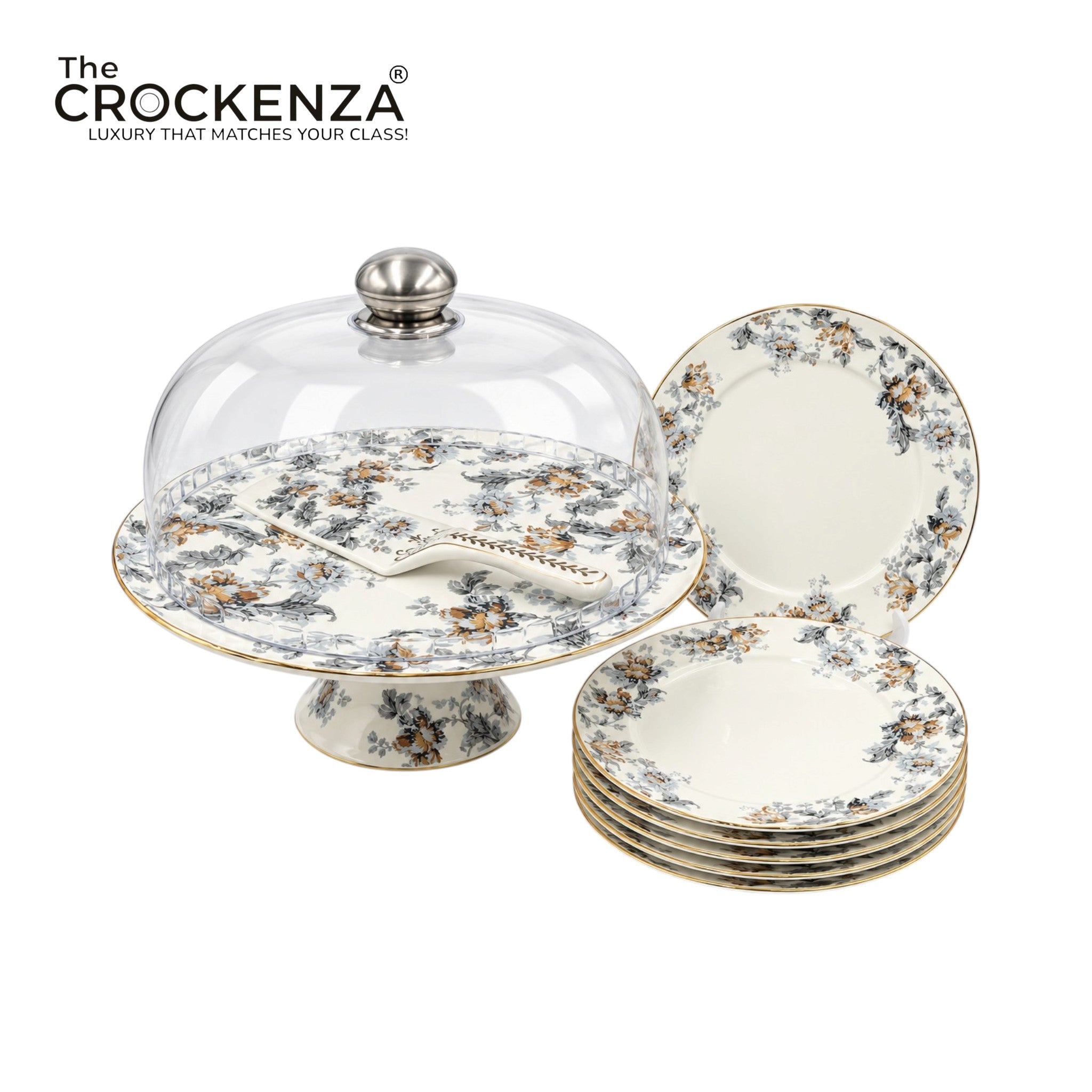 Royal Albert–Inspired 9-Pcs Bone China Cake Set | Floral Elegance Acrylic with Dome