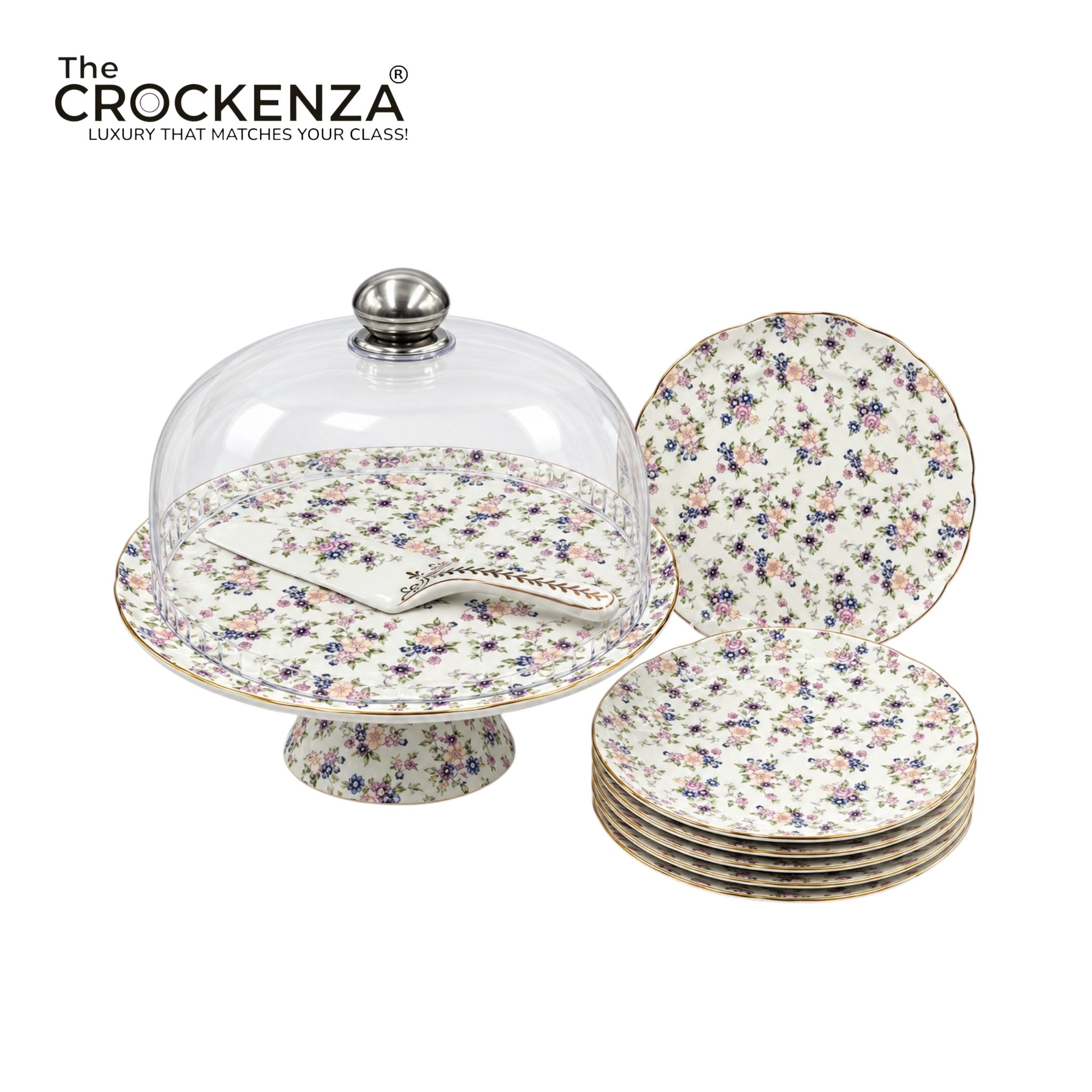 Royal Albert–Inspired 9-Pcs Bone China Cake Set | Floral Elegance Acrylic with Dome