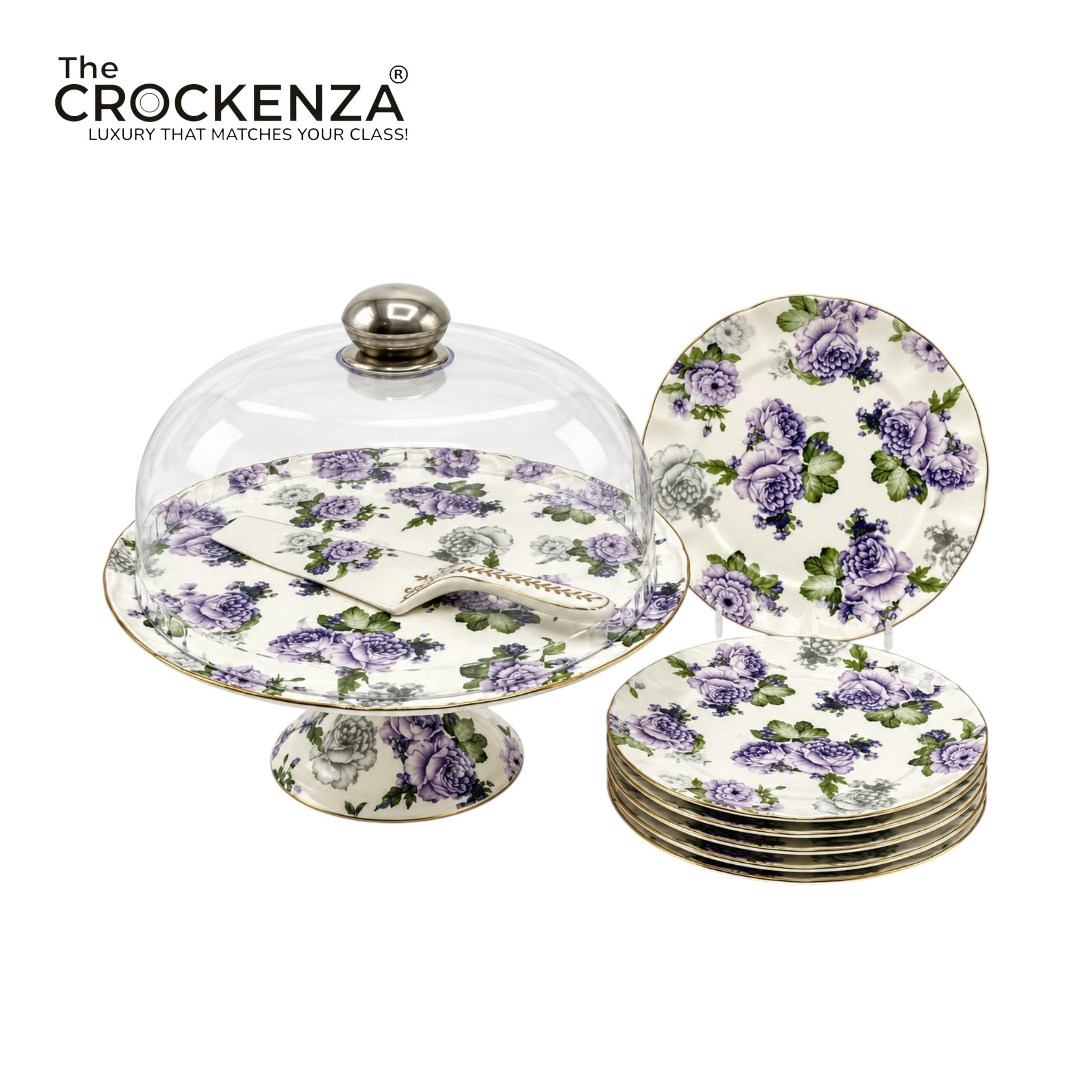 Royal Albert–Inspired 9-Pcs Bone China Cake Set | Floral Elegance with Acrylic Dome