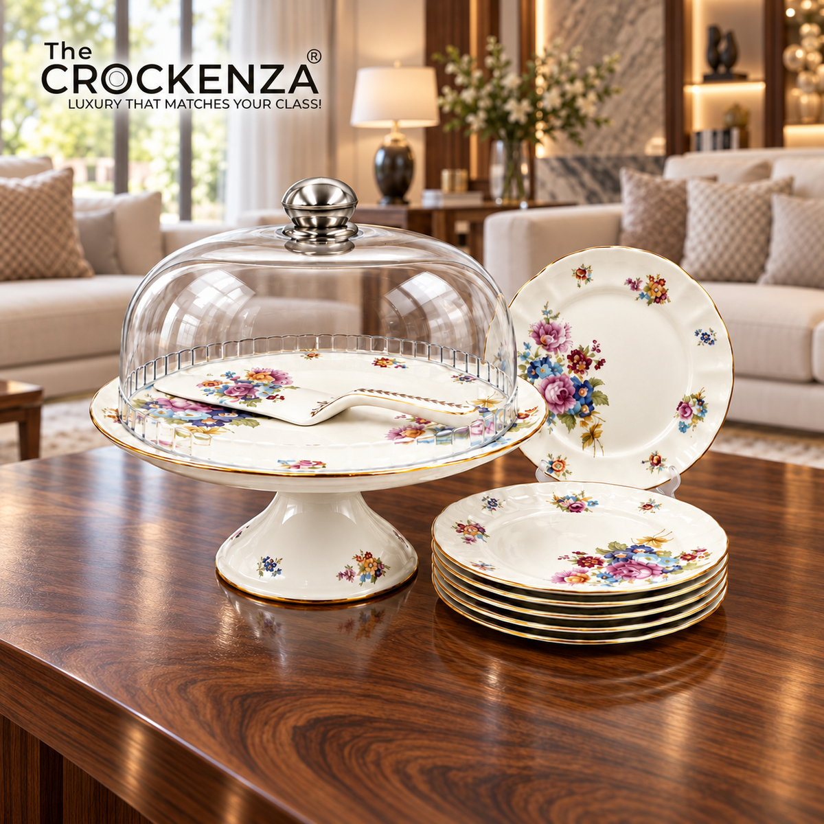 Royal Albert–Inspired 9-Pcs Bone China Cake Set | Floral Elegance Acrylic with Dome