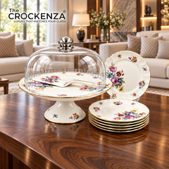 Royal Albert–Inspired 9-Pcs Bone China Cake Set | Floral Elegance Acrylic with Dome
