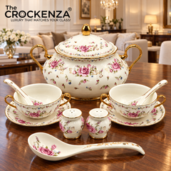 Imported Royal Albert Inspired 23-Piece Floral Soup Set with Gold Trim