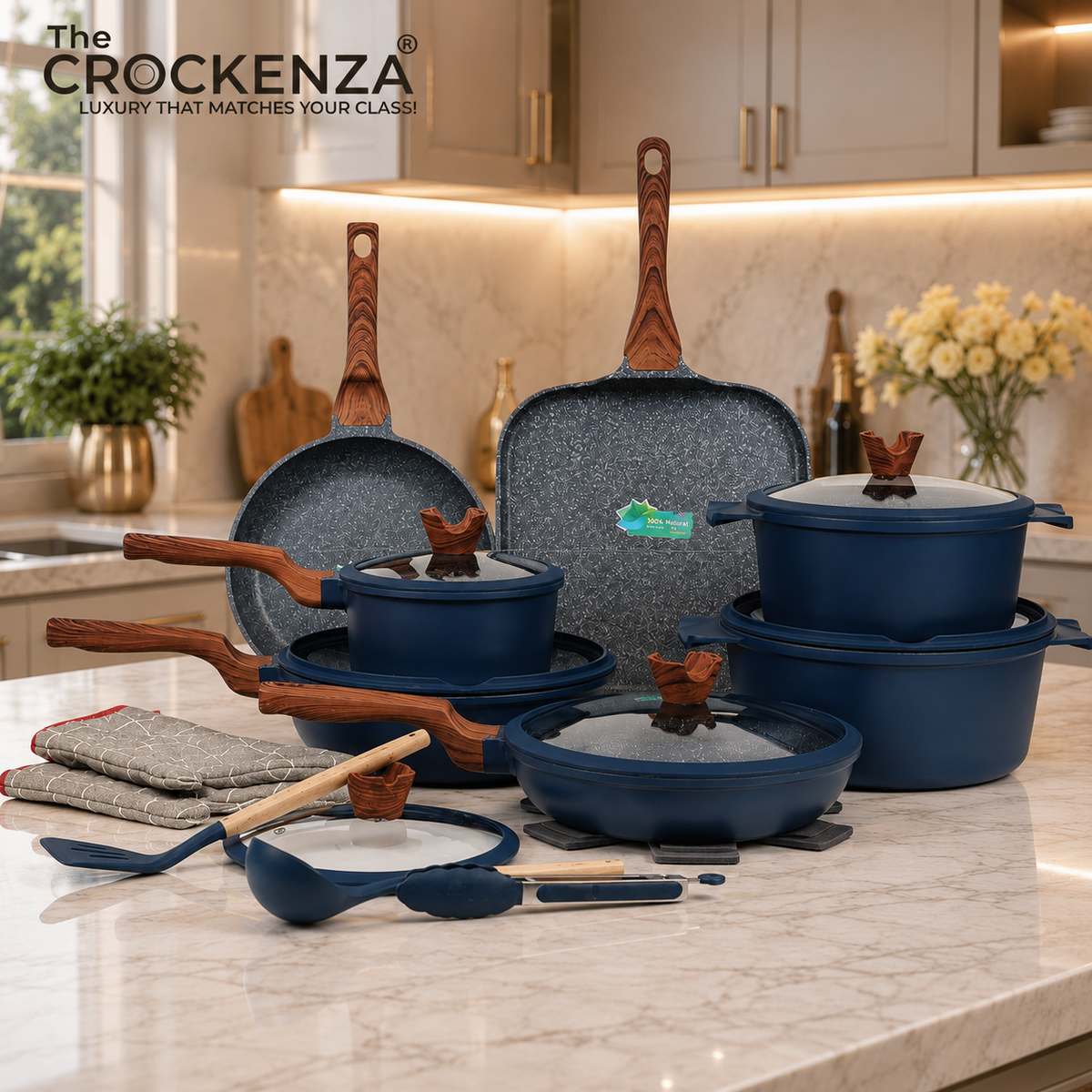 Imported DONNOR RELLY 21-piece PFOA Free Granite-coated Never-Stick Cookware Set - Blue