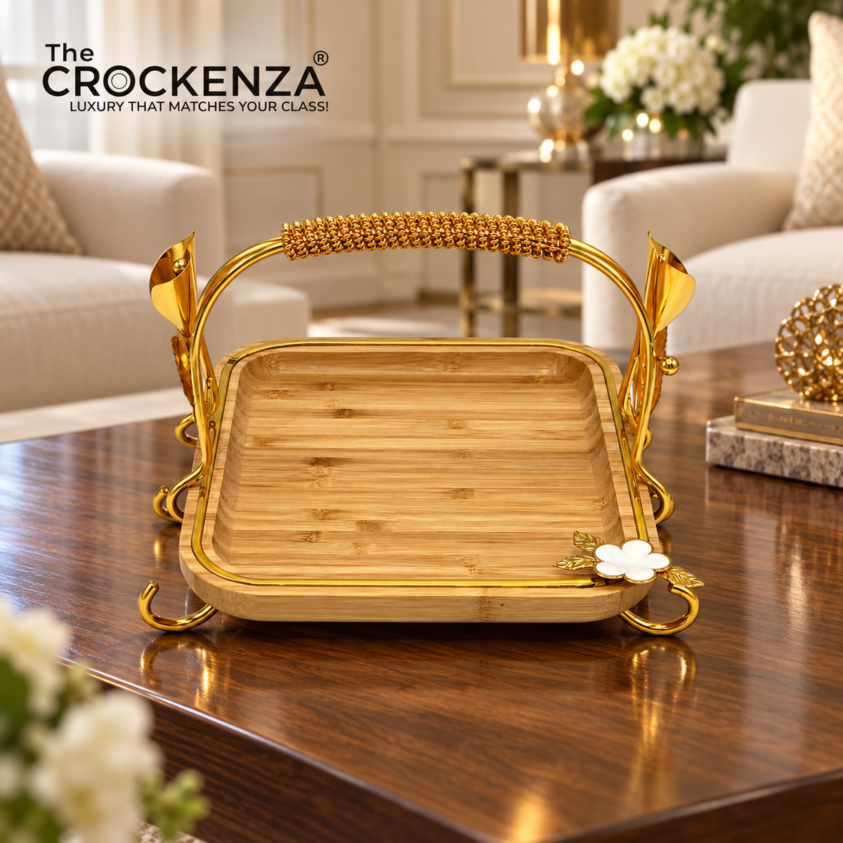 Luxury Bamboo Serving Tray with Gold Handle & Floral Detail – Small & Medium