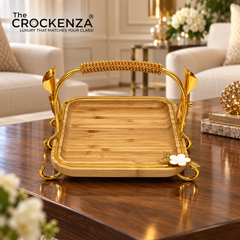 Luxury Bamboo Serving Tray with Gold Handle & Floral Detail – Small & Medium
