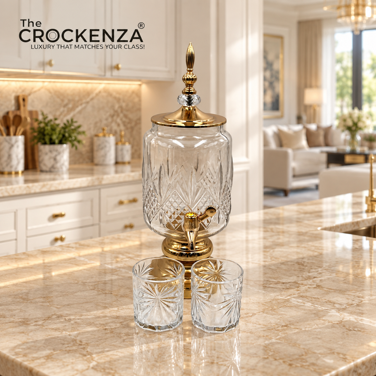 Luxury 7-Piece Crystal Cut Glass Beverage Dispenser Set with 6 Tumbler Glasses (3L Capacity) – Gold Pedestal Base
