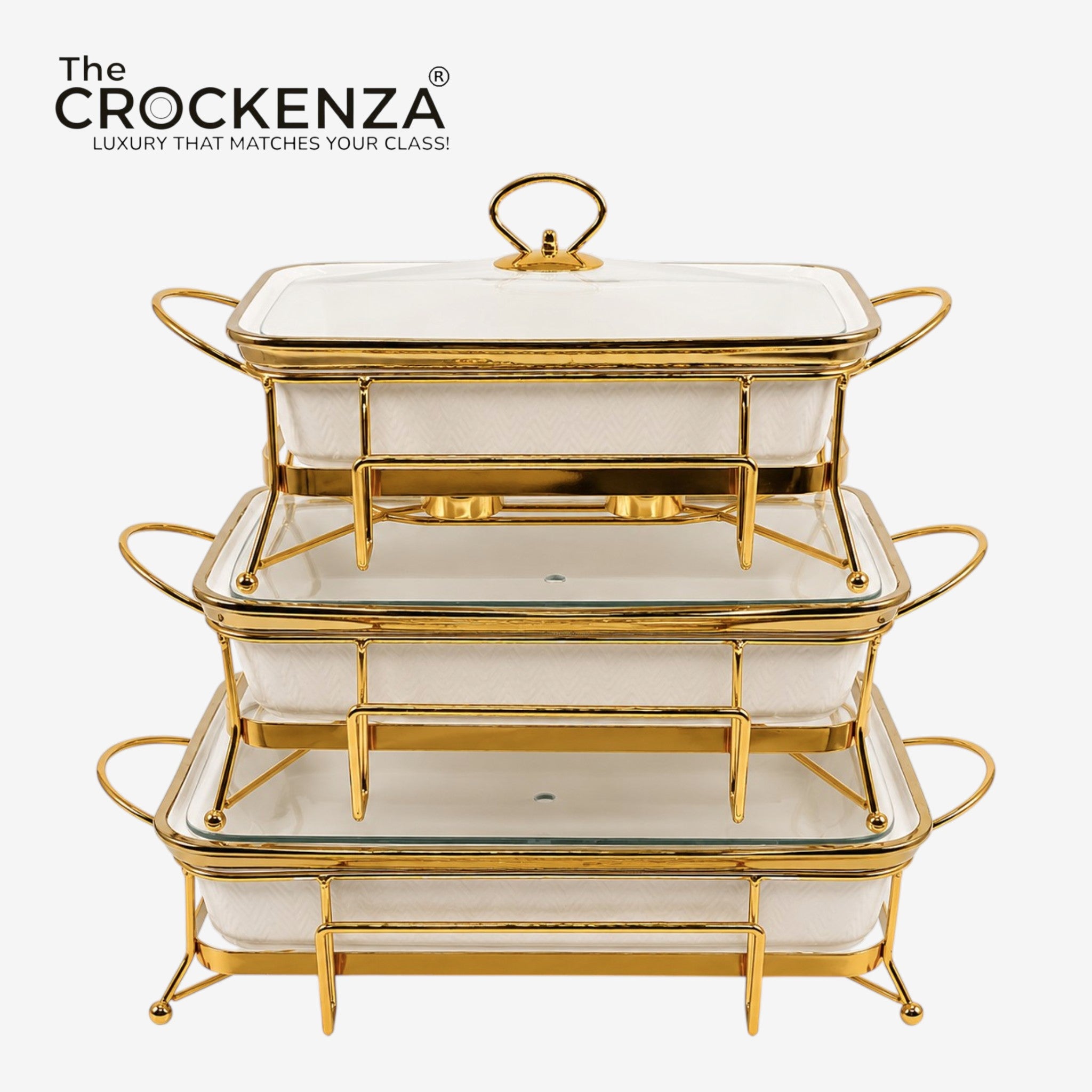 Luxe White & Gold Textured Porcelain Rectangular Chafing Dish – Set of 3 different sizes