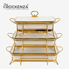 Luxe White & Gold Textured Porcelain Rectangular Chafing Dish – Set of 3 different sizes