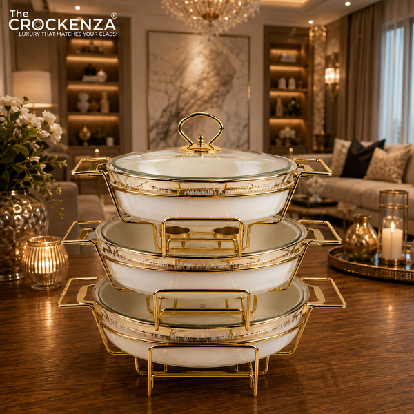 3-Piece Textured Buffet Servers Set with Gold Stand & Glass Lids – Elegant Oval Chafing Dishes for Dawat, Parties,
