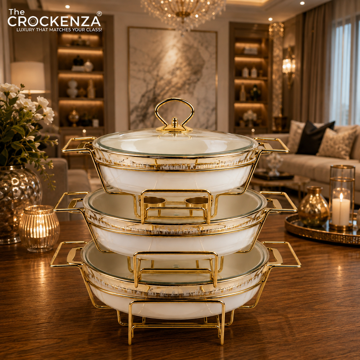 3-Piece Textured Buffet Servers Set with Gold Stand & Glass Lids – Elegant Oval Chafing Dishes for Dawat, Parties,