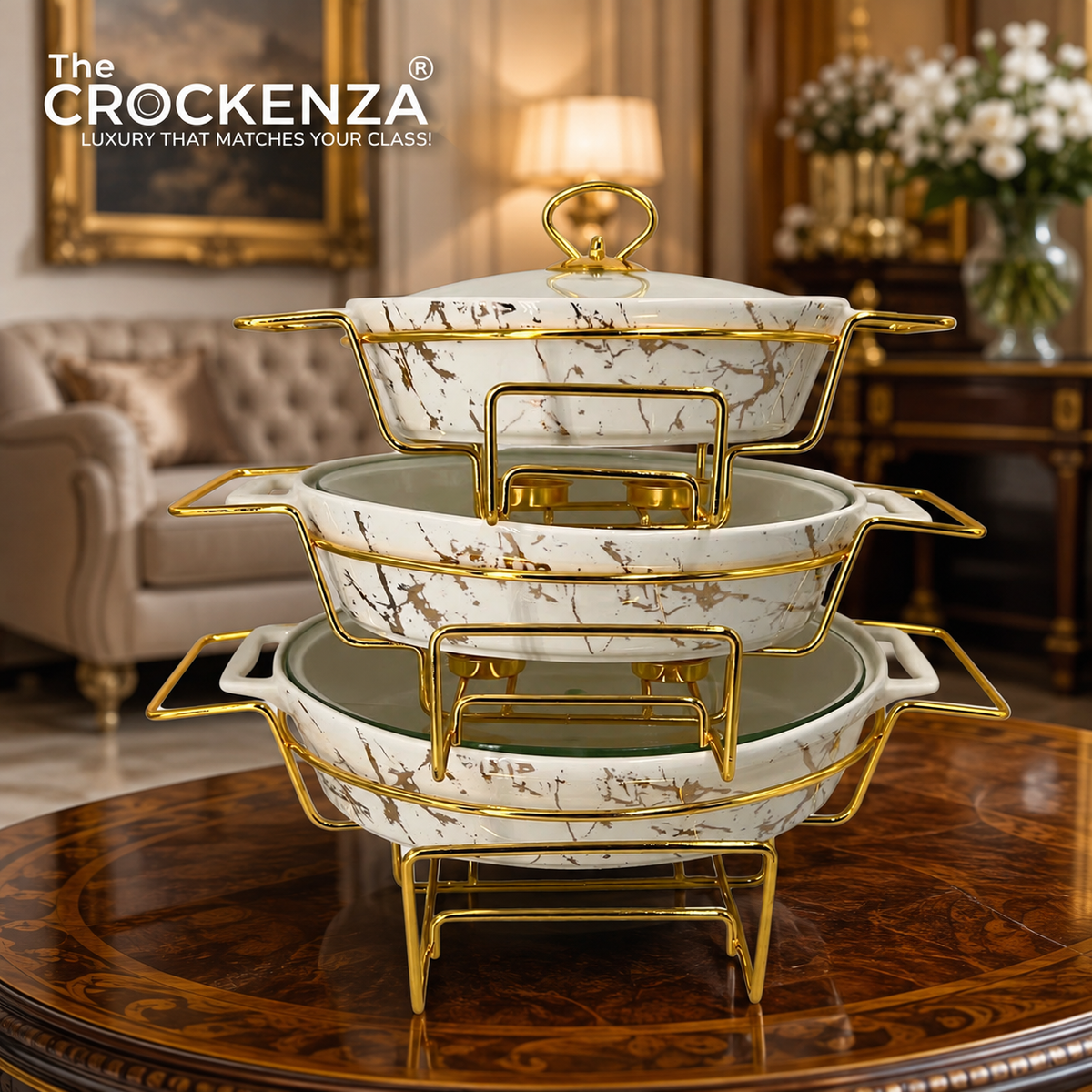 Elegant Imported Oval Porcelain Serveware – White Marble with Handles & golden Matching Lid (Three Sizes)