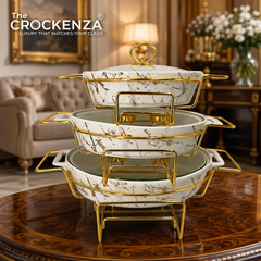 Elegant Imported Oval Porcelain Serveware – White Marble with Handles & golden Matching Lid (Three Sizes)