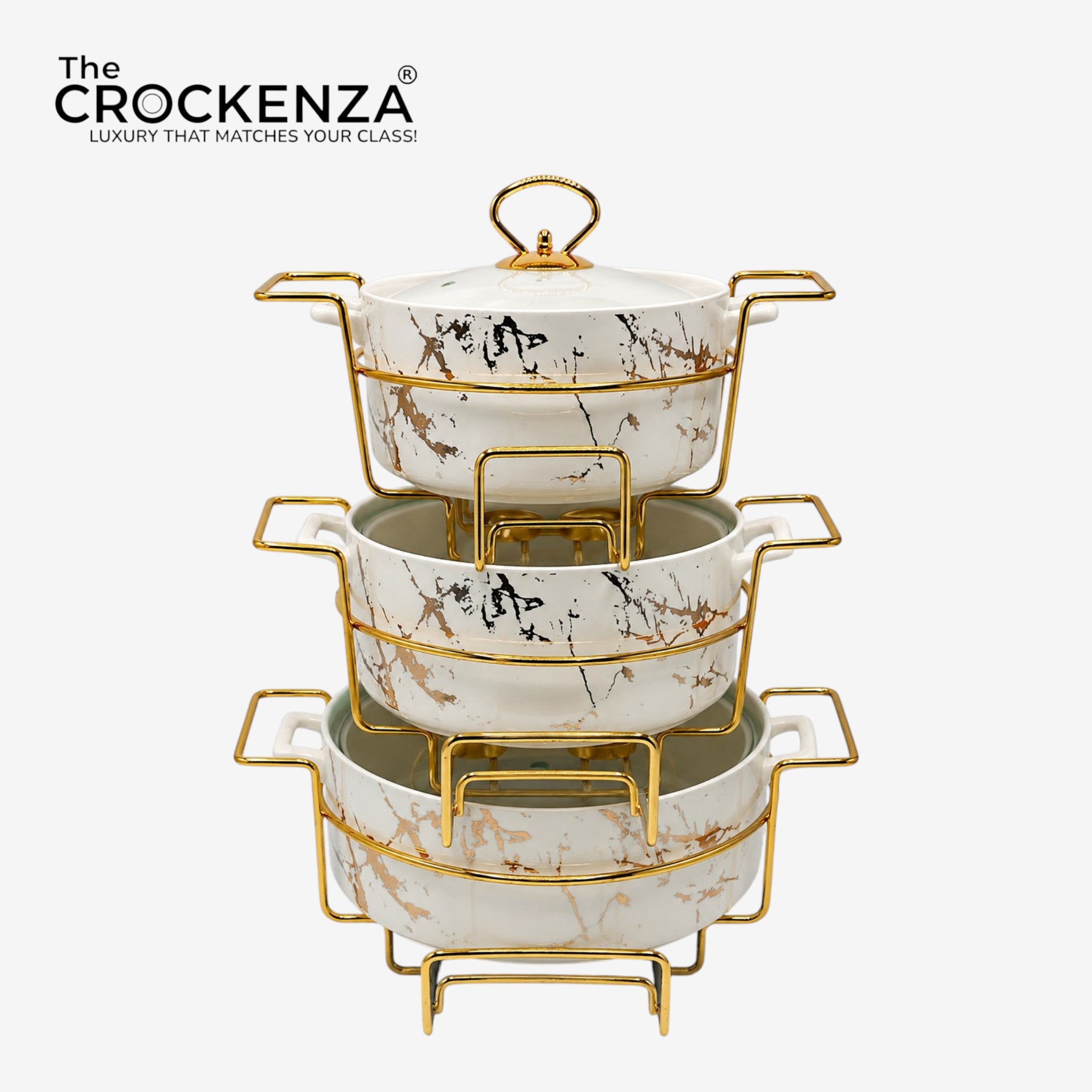 Premium 3-Piece Marble Pattern Ceramic Chafing Dish Set with Lid & Gold Metal Rack Stand | Modern Buffet Serving Bowls