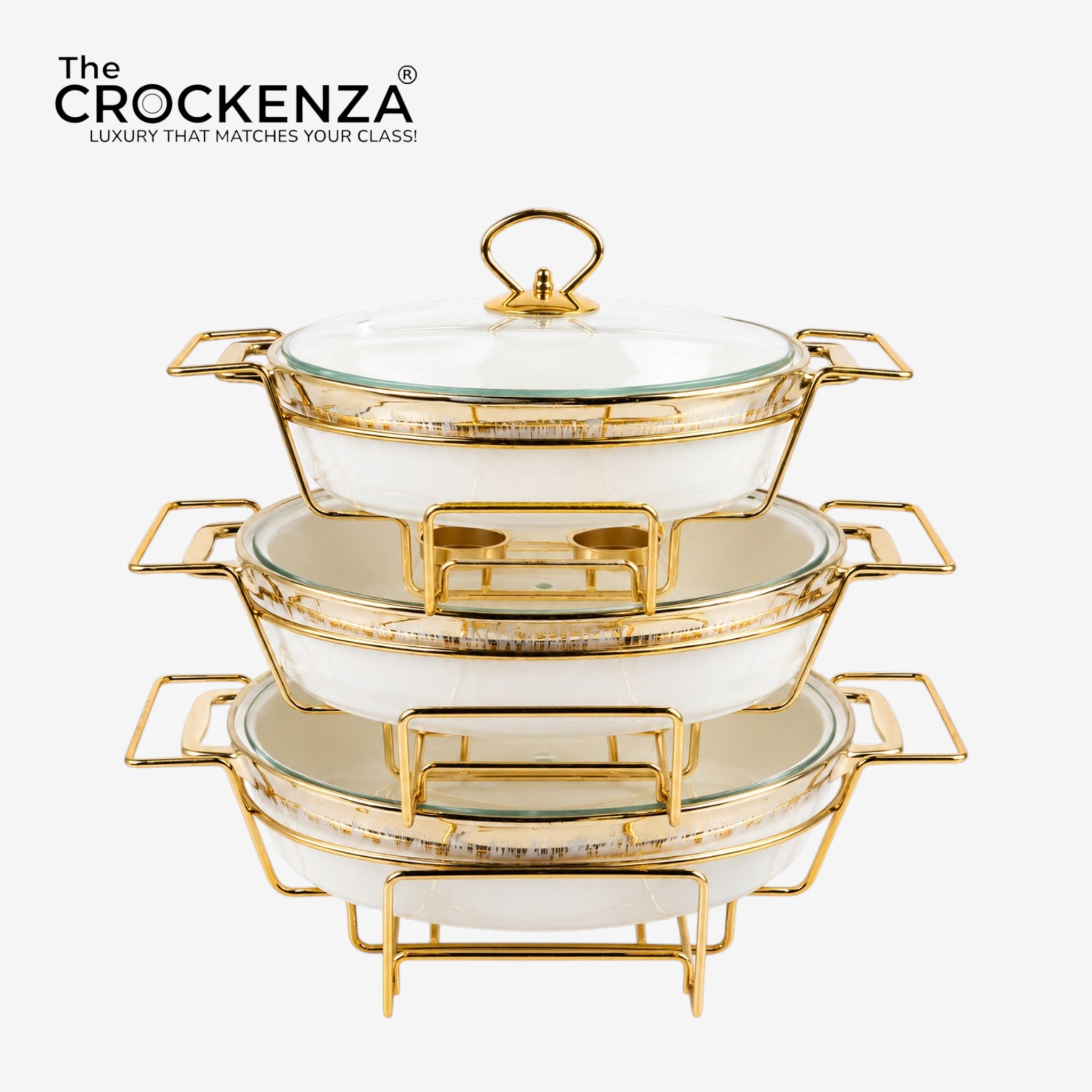 3-Piece Textured Buffet Servers Set with Gold Stand & Glass Lids – Elegant Oval Chafing Dishes for Dawat, Parties,