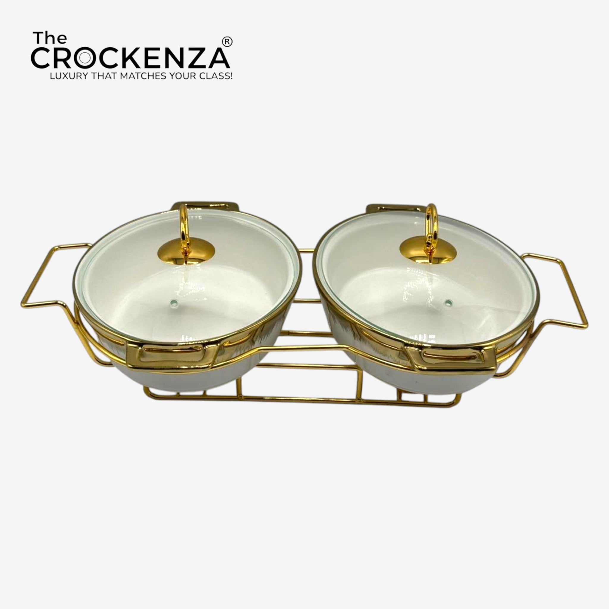 Twin Oval Porcelain Serving Dish Set with Gold Stand – 11" Double Buffet Server with Handles | Elegant Tabletop Food Warmer & Serving Set