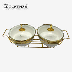 Twin Oval Porcelain Serving Dish Set with Gold Stand – 11" Double Buffet Server with Handles | Elegant Tabletop Food Warmer & Serving Set