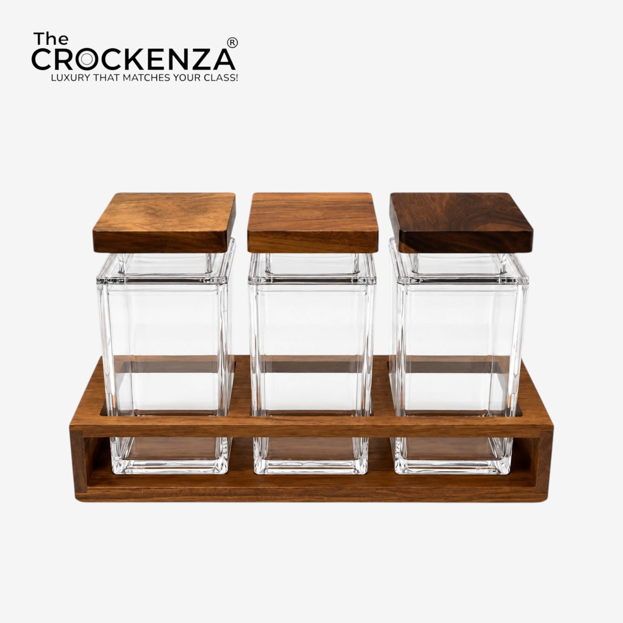 3-Piece Airtight Acrylic Spice Jars with Wooden Lids & Base Rack – Modern Kitchen Storage Container Set