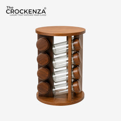 16-Jar Rotating Wooden Spice Rack Tower – Revolving Countertop Storage Organizer Set with Glass Jars