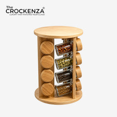 16-Jar Rotating Wooden Spice Rack Tower – Revolving Countertop Storage Organizer Set with Glass Jars