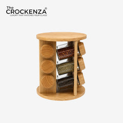 12-Jar Rotating Wooden Spice Rack Tower – Revolving Countertop Spice Organizer Carousel Set with Glass Jars