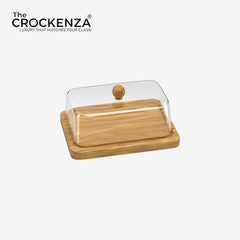 Wooden Butter Dish with Clear Acrylic Cover & Knob – Modern Countertop Butter Keeper Tray with Dome Lid