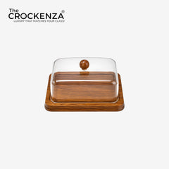 Wooden Butter Dish with Clear Acrylic Cover & Knob – Modern Countertop Butter Keeper Tray with Dome Lid