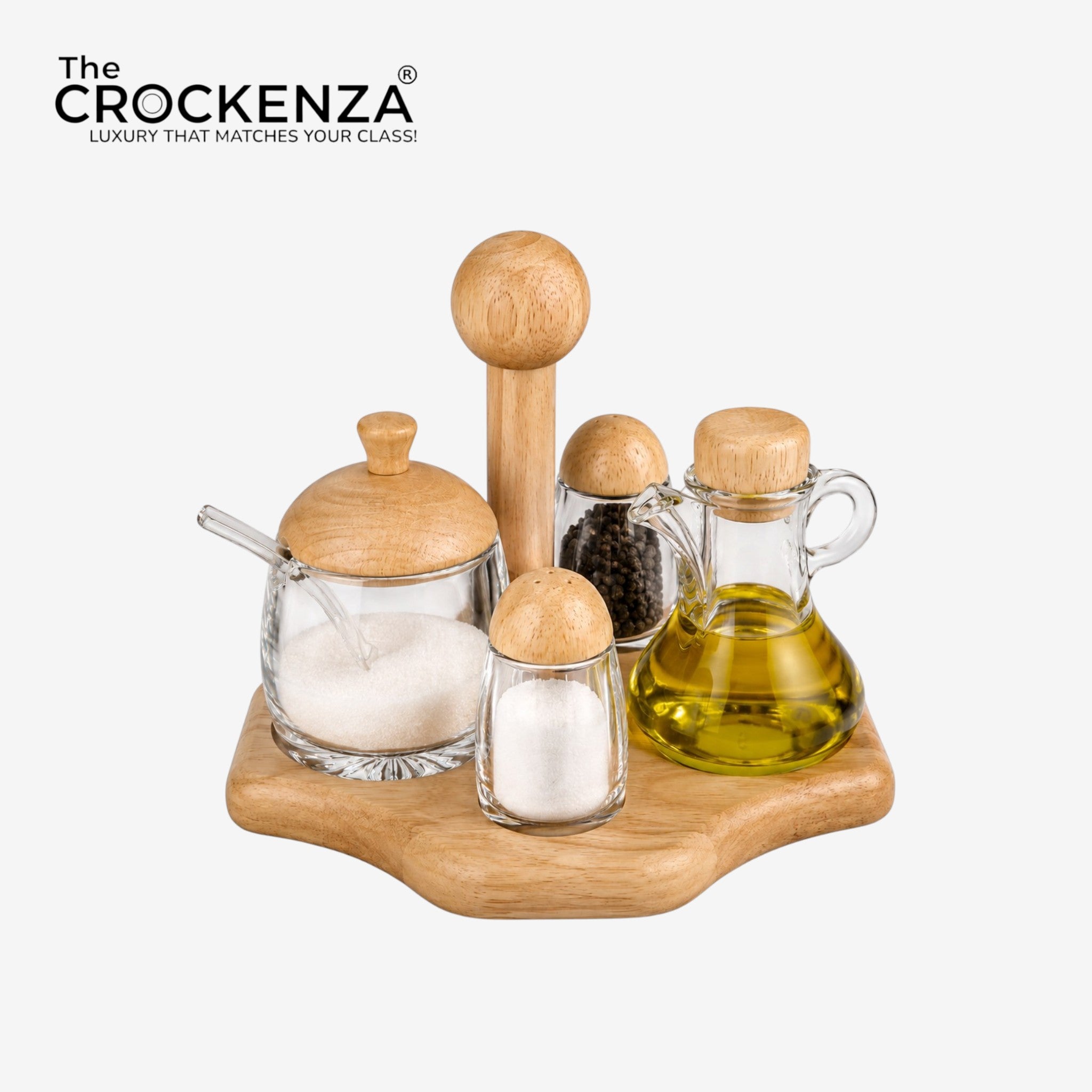 Premium Wood and Acrylic Tabletop Cruet Set with Handle – 5-Piece Unbreakable Condiment Organizer Set for Kitchen & Dining