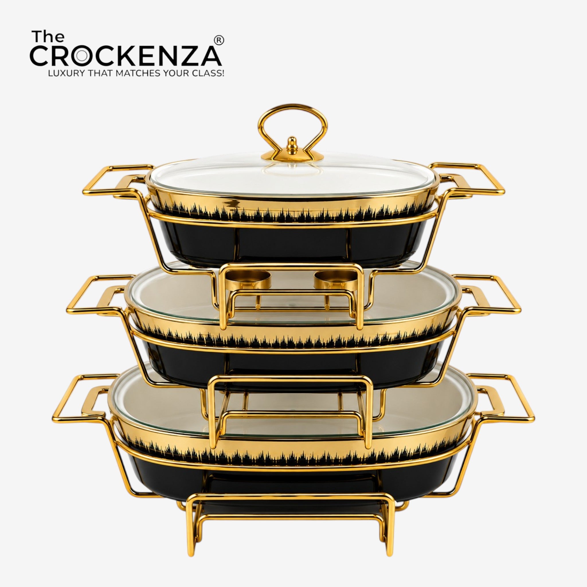 Regal Gold-Trimmed Oval Chafing Dish – Premium Black Ceramic Round Buffet Warmer Set