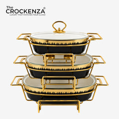 Regal Gold-Trimmed Oval Chafing Dish – Premium Black Ceramic Round Buffet Warmer Set