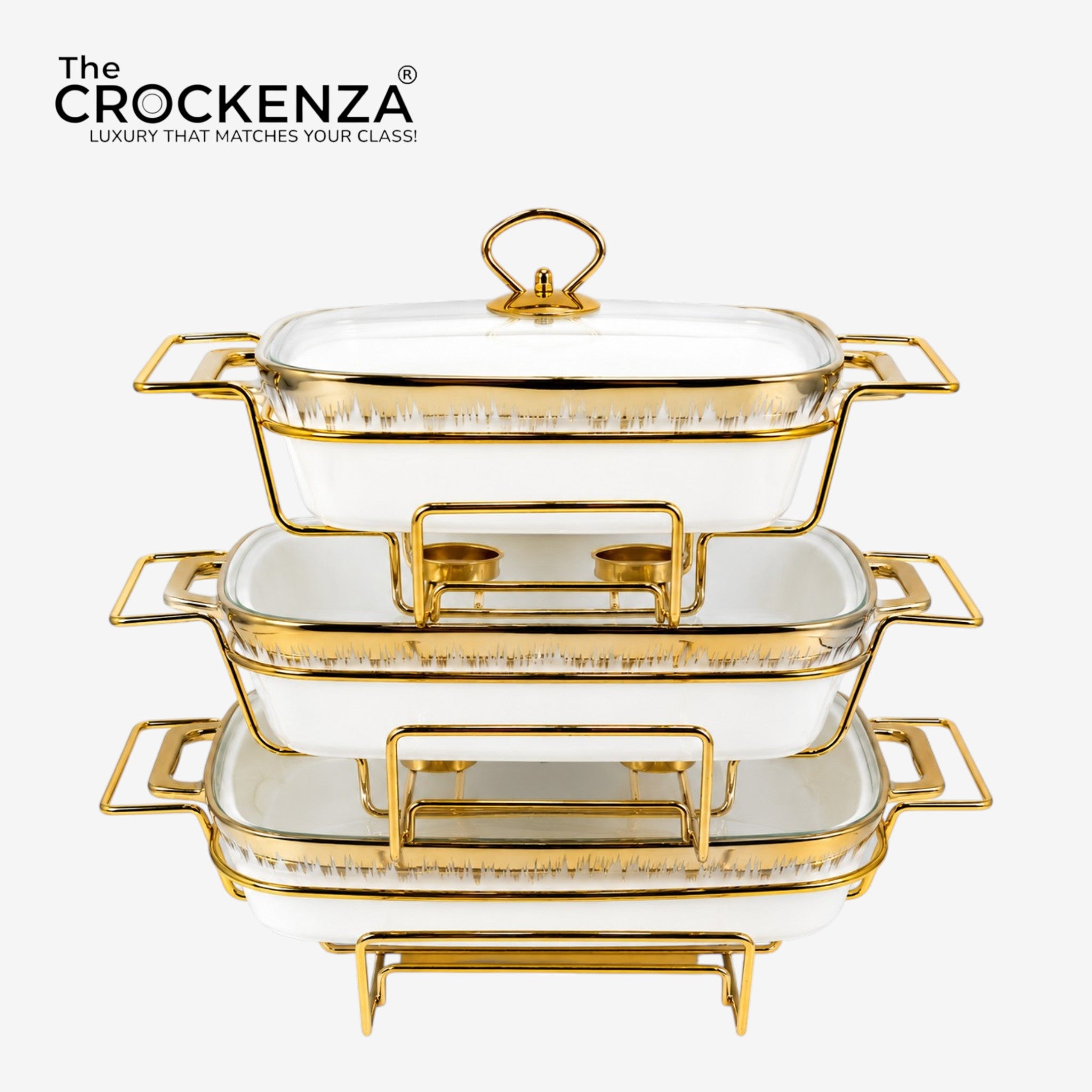 3-Piece Textured Buffet Servers Set with Gold Stand & Glass Lids – Elegant Chafing Dishes for Dawat, Parties,