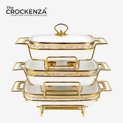 3-Piece Textured Buffet Servers Set with Gold Stand & Glass Lids – Elegant Chafing Dishes for Dawat, Parties,