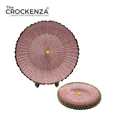 7-Piece Luxury Rose Pink Textured Glass Cake Serving Set with Gold Rim – 1 Large & 6 Dessert Plates
