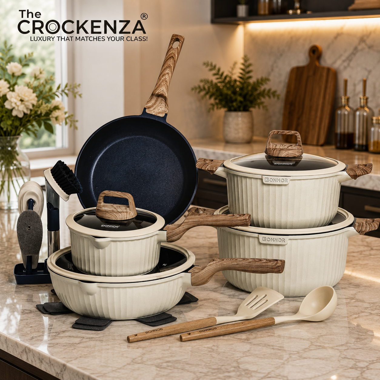DONNOR AURA 20-Piece Granite Coated Never-Stick Cookware Set – Premium Pots, Pans & Kitchen Essentials