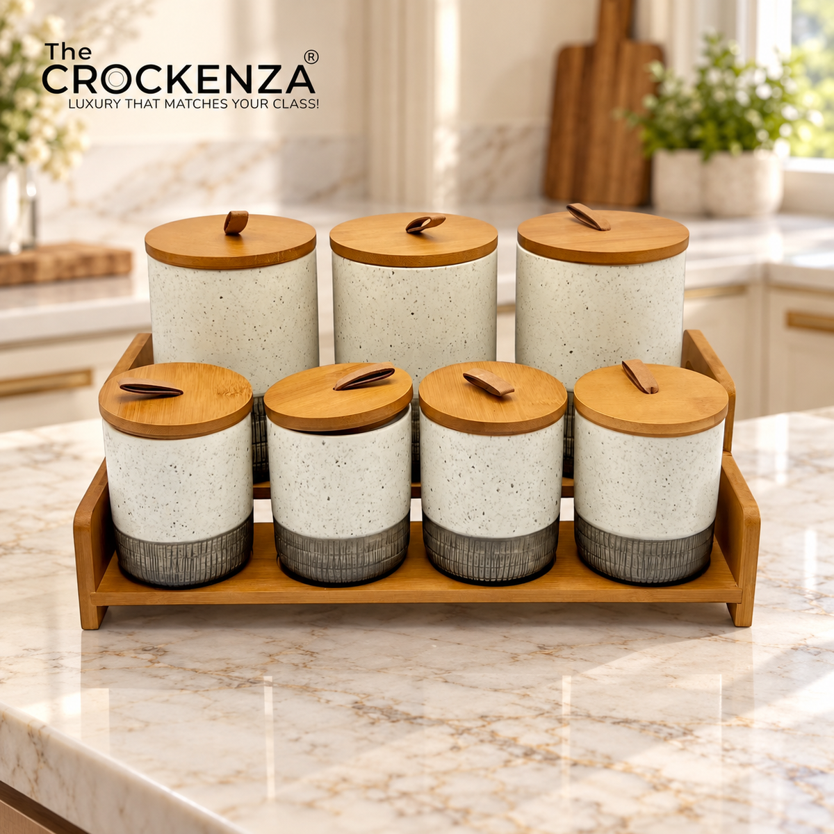 7-Piece Ceramic Airtight Jar Set with Wooden Lids & Storage Tray