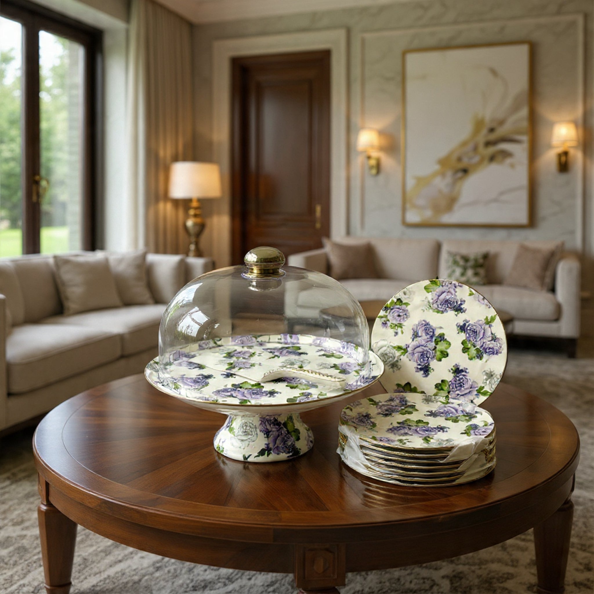 Royal Albert–Inspired 9-Pcs Bone China Cake Set | Floral Elegance with Acrylic Dome