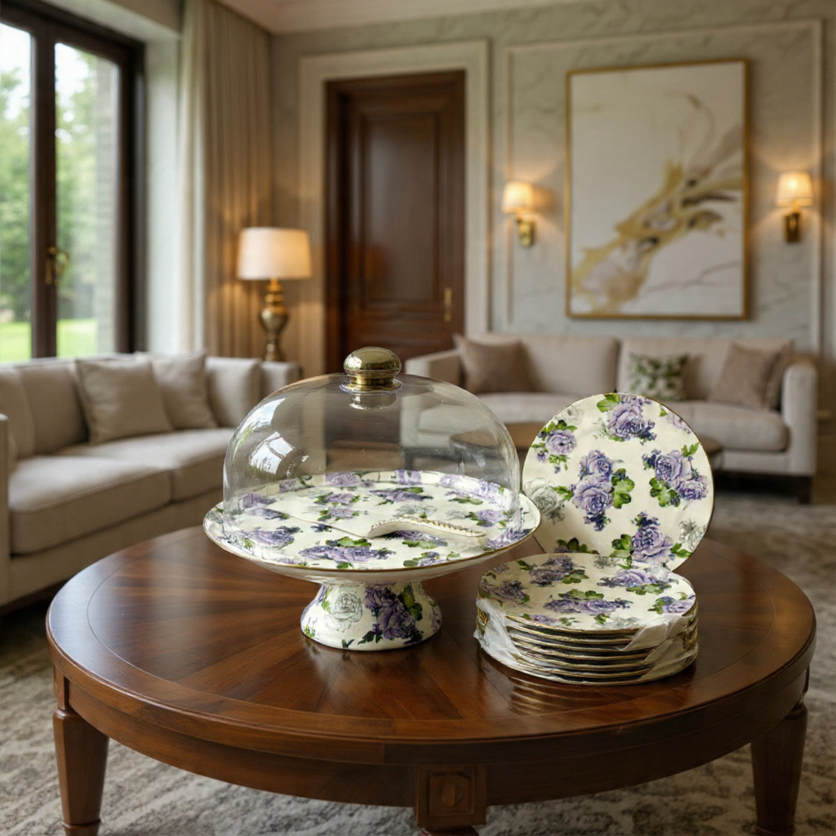Royal Albert–Inspired 9-Pcs Bone China Cake Set | Floral Elegance with Acrylic Dome