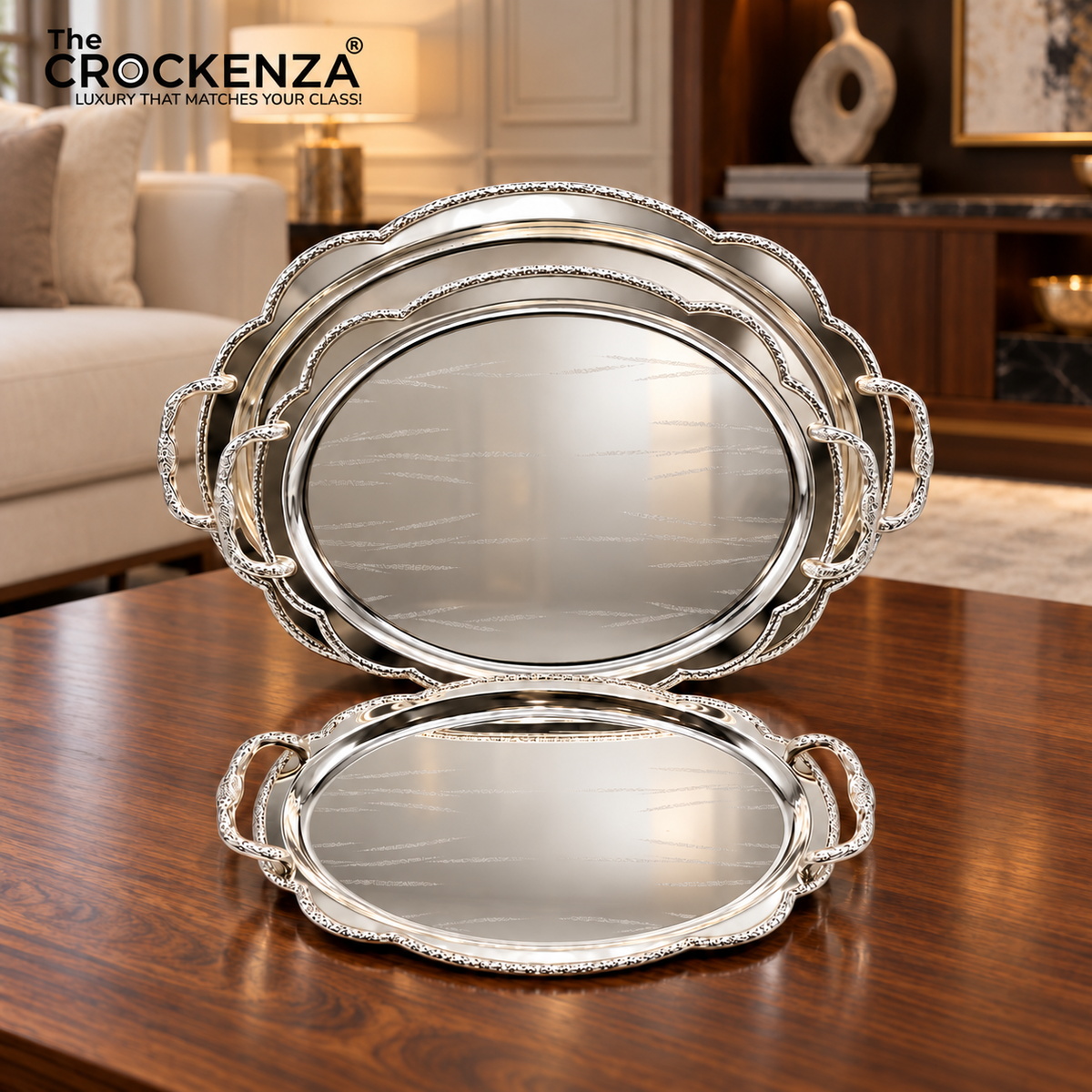 Luxury Gold & Silver Metal Serving Tray Set – 3 Pcs Elegant Decorative Trays G-05