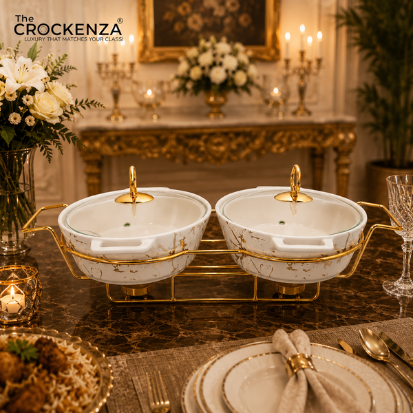 Elegant Twin Oval Chafing Dishes (11" each) with handles & Metal Stand – White Marble Buffet Set