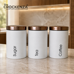 Metallic Canister Trio – Sugar, Tea & Coffee White Jars with Rose Gold Airtight Lids | Small & Large