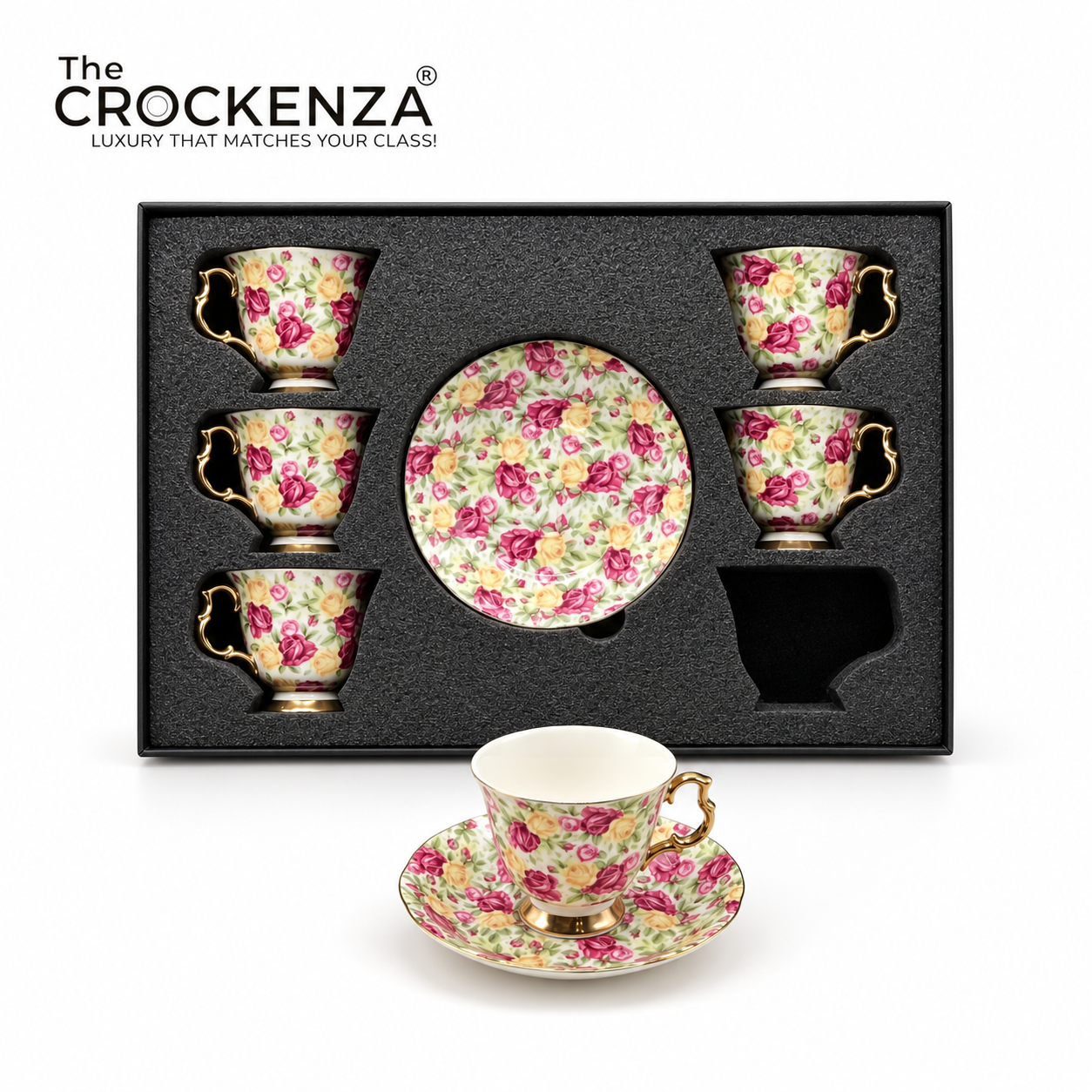 Luxury 12 Pcs Floral Cup & Saucer Set with Gold Handles – Premium Porcelain Tea Cups