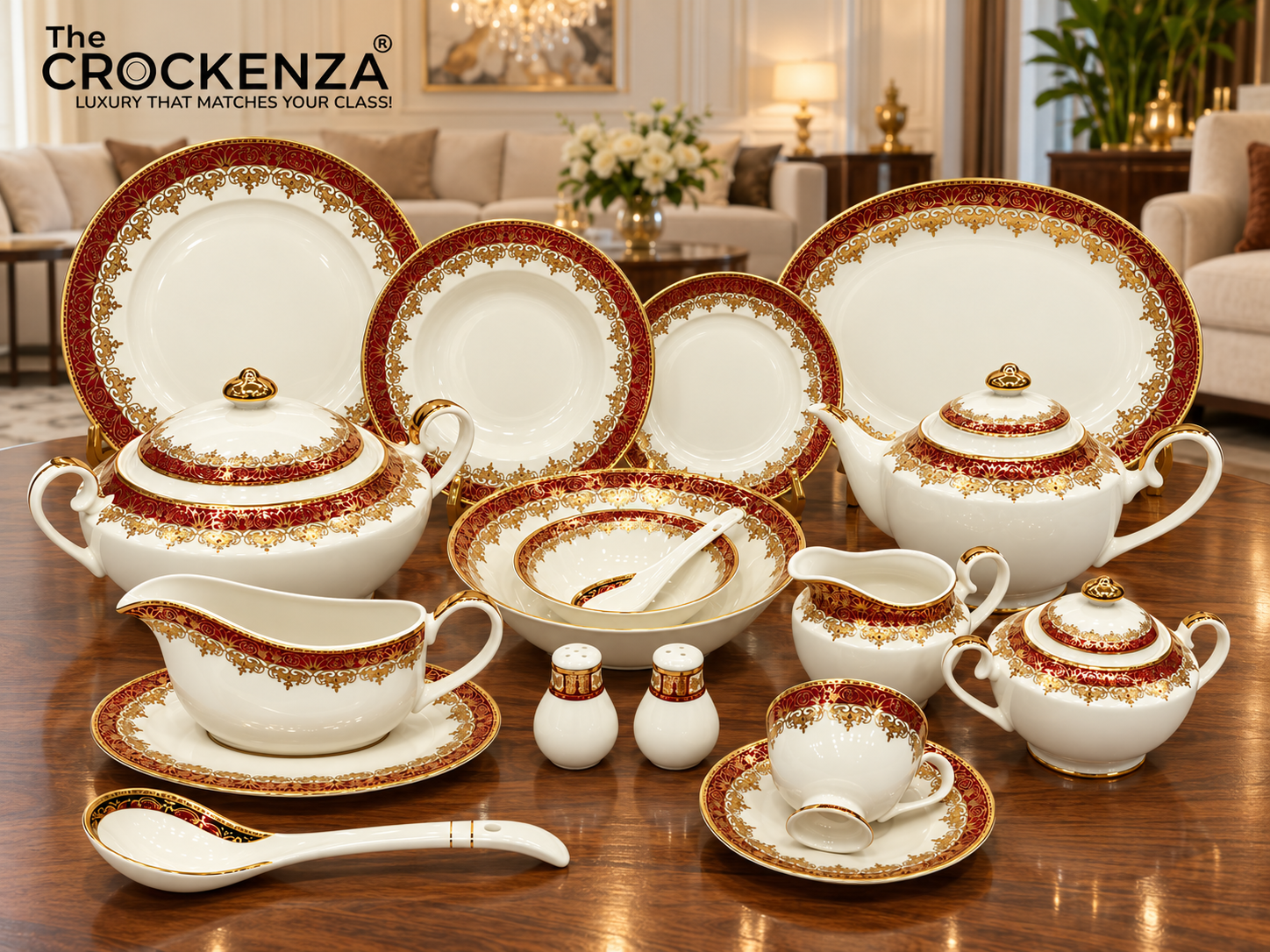Yamasen Luxury Japanese-Inspired Red & Gold Floral Dining Set - Premium Gold-plated Dinnerware Collection