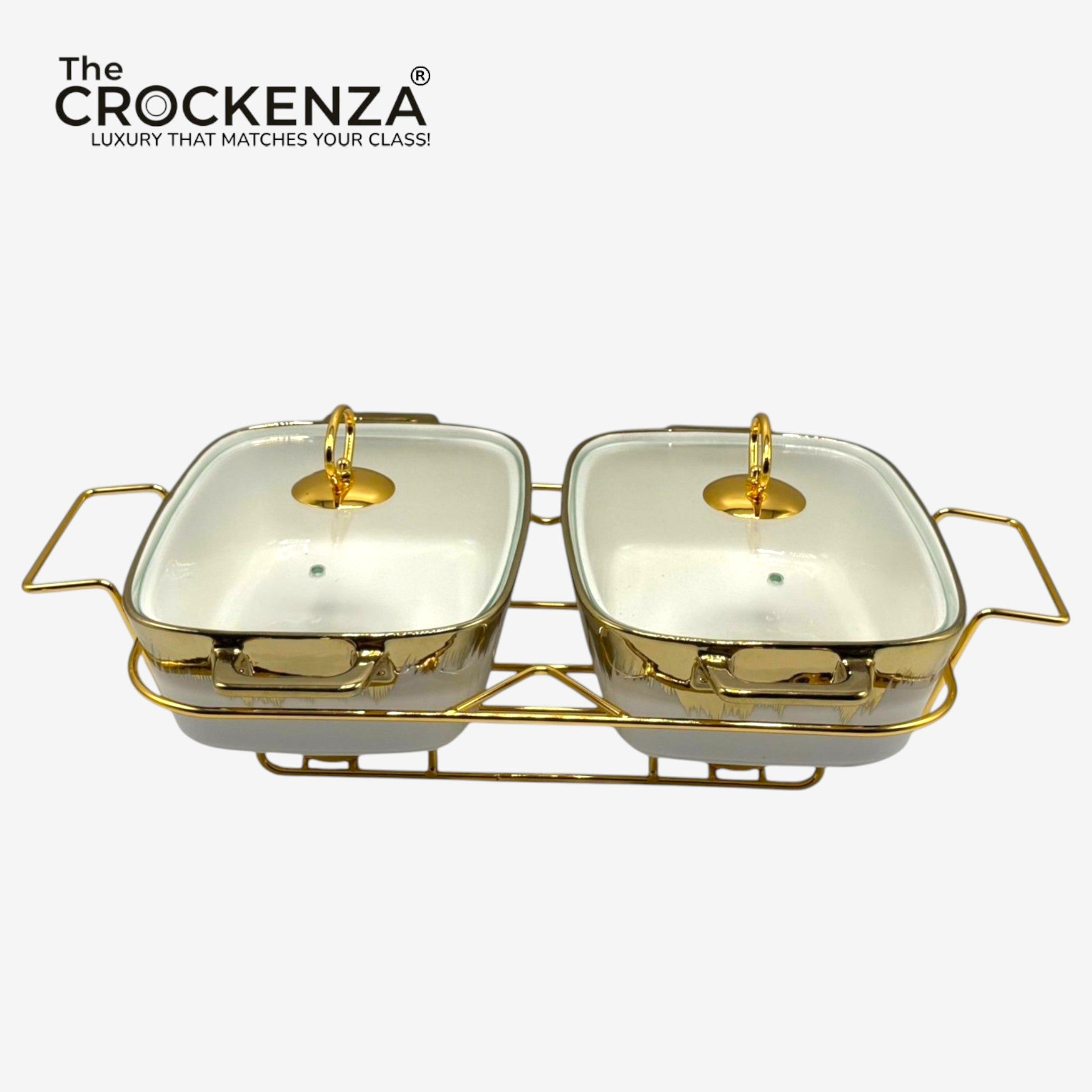 Twin Rectangular Porcelain Serving Dish Set with Gold Stand – 11.5" Double Buffet Server with Handles | Elegant Tabletop Food Warmer & Serving Set