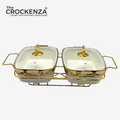 Twin Rectangular Porcelain Serving Dish Set with Gold Stand – 11.5" Double Buffet Server with Handles | Elegant Tabletop Food Warmer & Serving Set