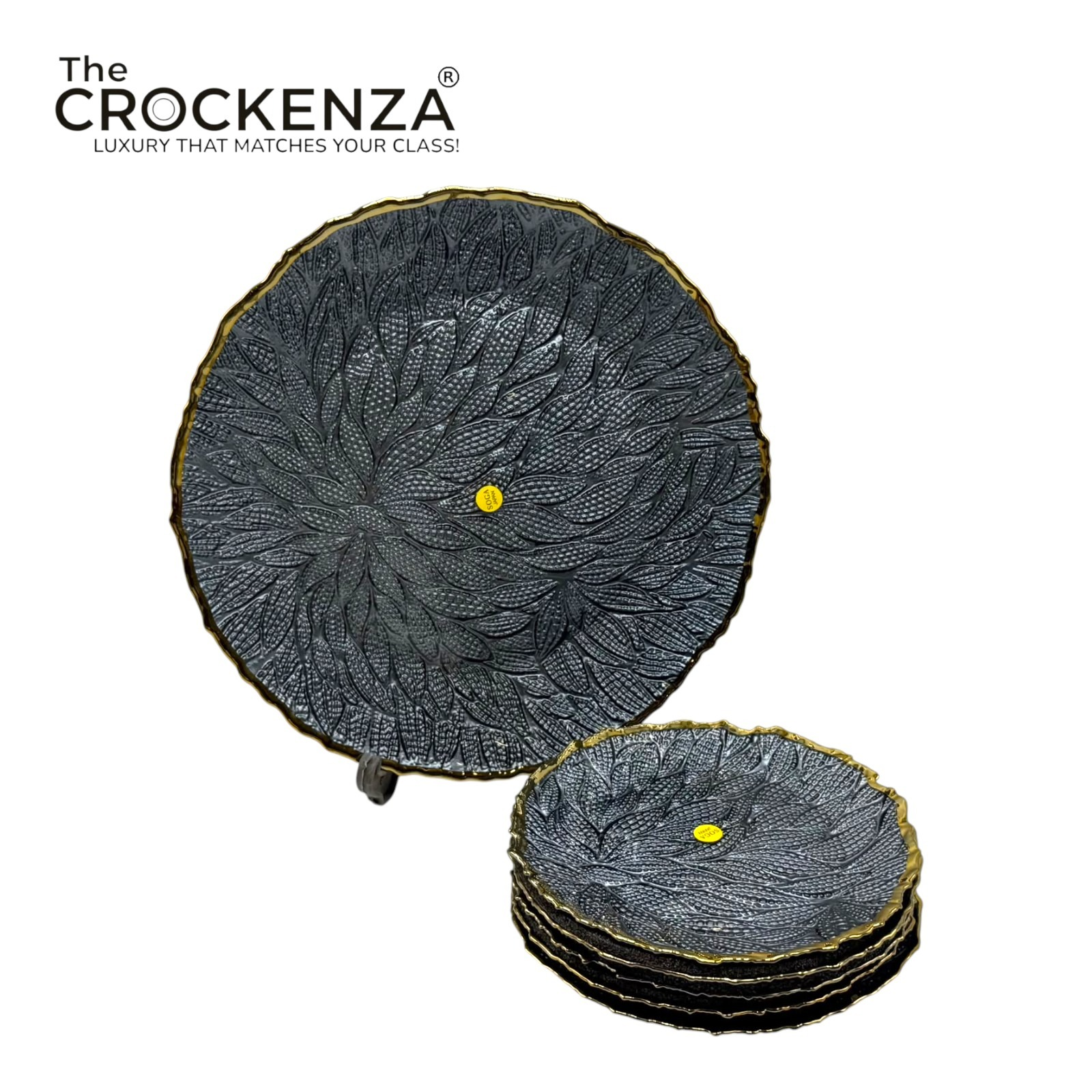 7-Piece Luxury Charcoal Black Textured Glass Fruit & Dessert Serving Set with Gold Rim – 1 Large & 6 Small Plates
